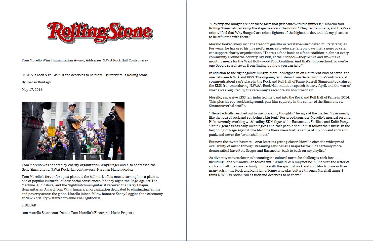 Tom Morello Rolling Stones article May