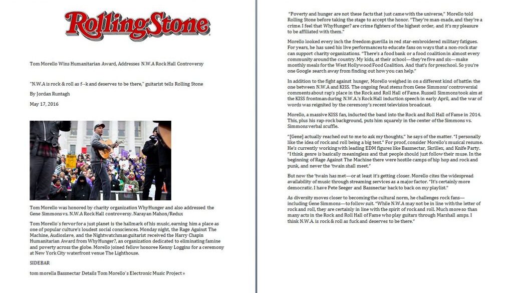 Tom Morello Rolling Stones article May