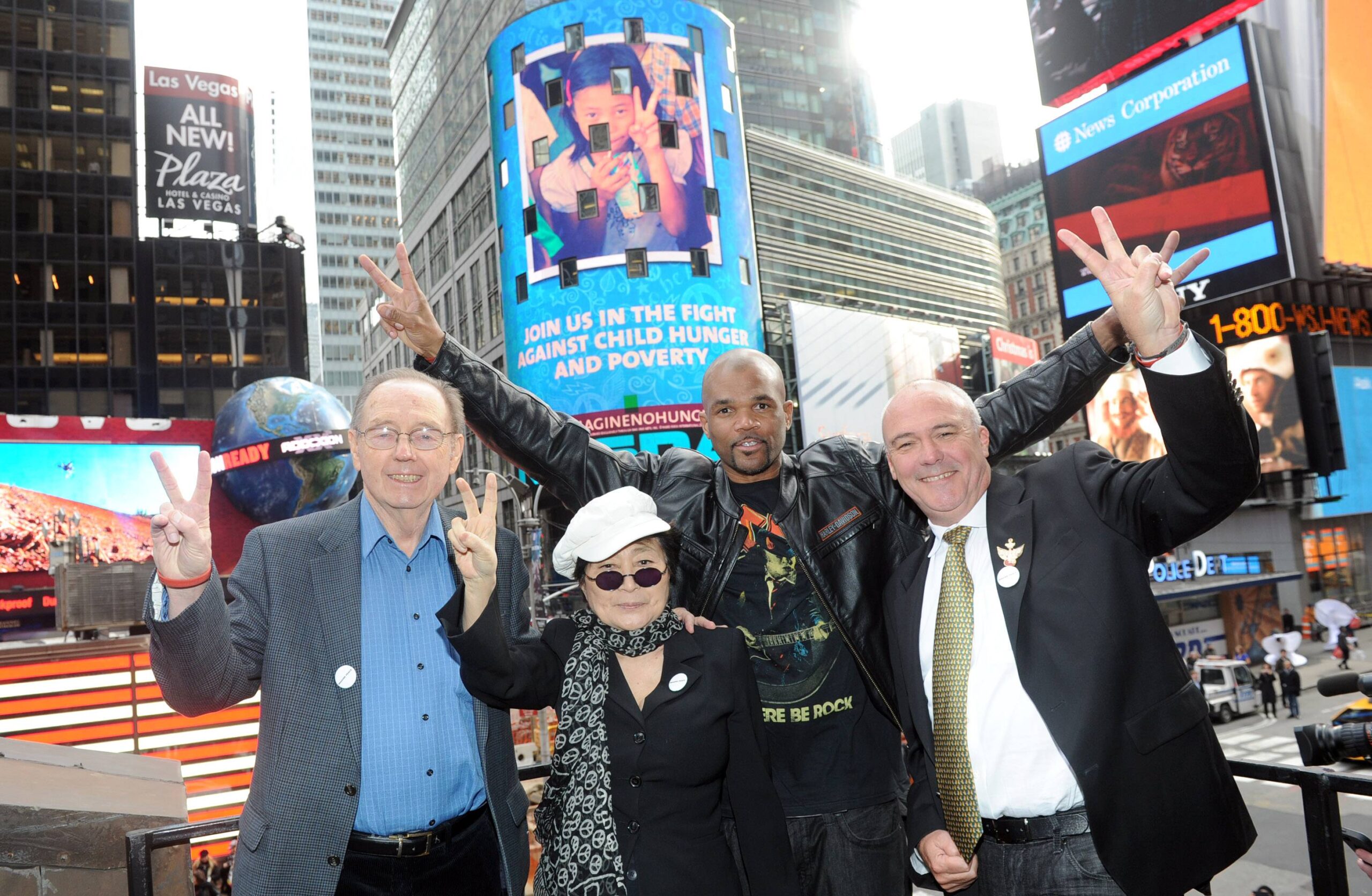 Yoko Ono Lennon, second left, joined by Hard Rock International President & CEO Hamish Dodds, right, WhyHunger Founder Bill Ayres, left, and Darryl  "DMC" McDaniels attend the launch of Hard Rock’s fifth annual IMAGINE THERE’S NO HUNGER campaign, Monday, (Photo by Diane Bondareff)