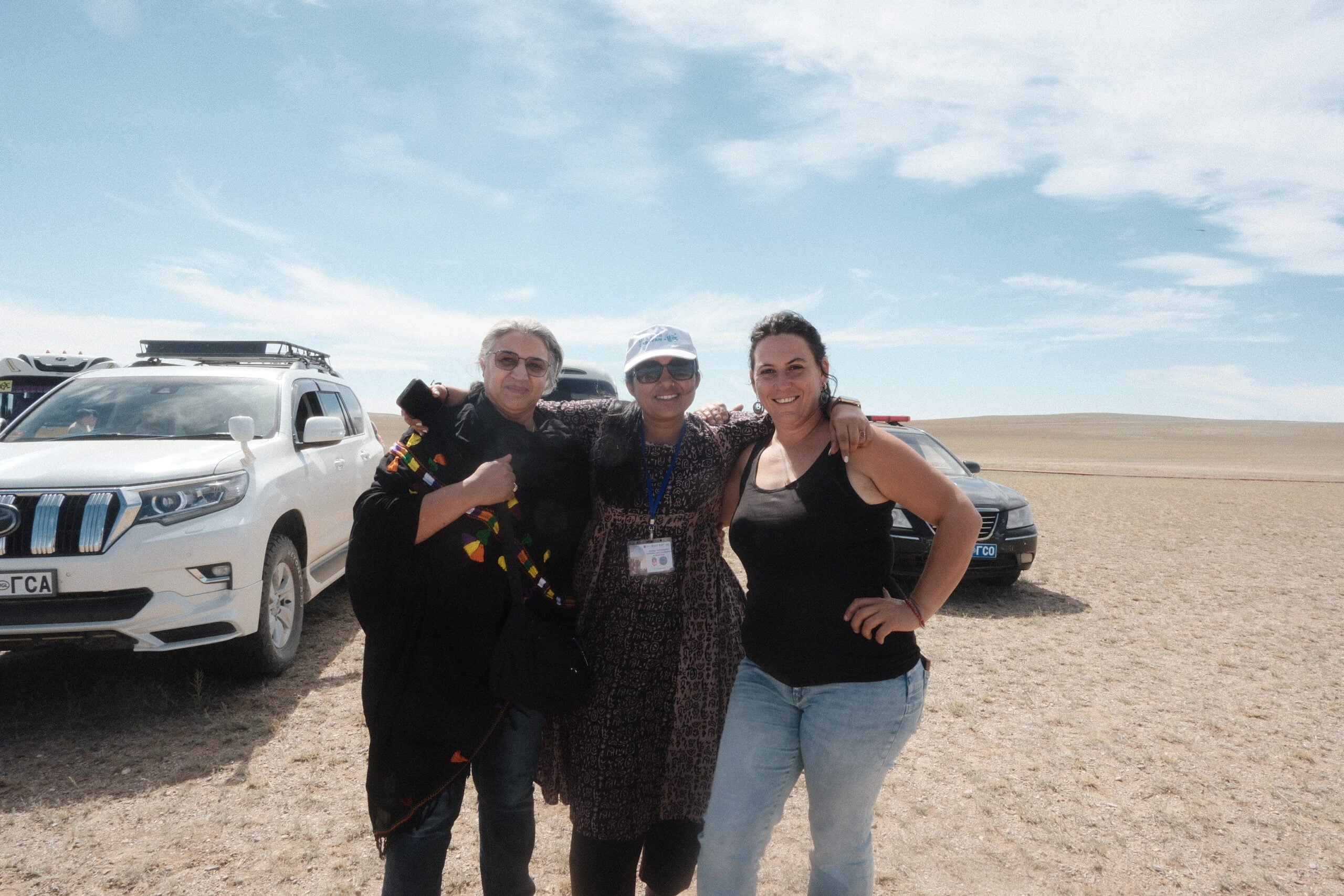 Mina (Morroco), Bhavana (India) and Claire (France) in the Govisumber province, Mongolia. Photo Credit: Melanie Marques