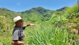 Don Gregorio gestures toward hillside crops near his home during a WhyHunger visit with FECORACEN partners in El Salvador.