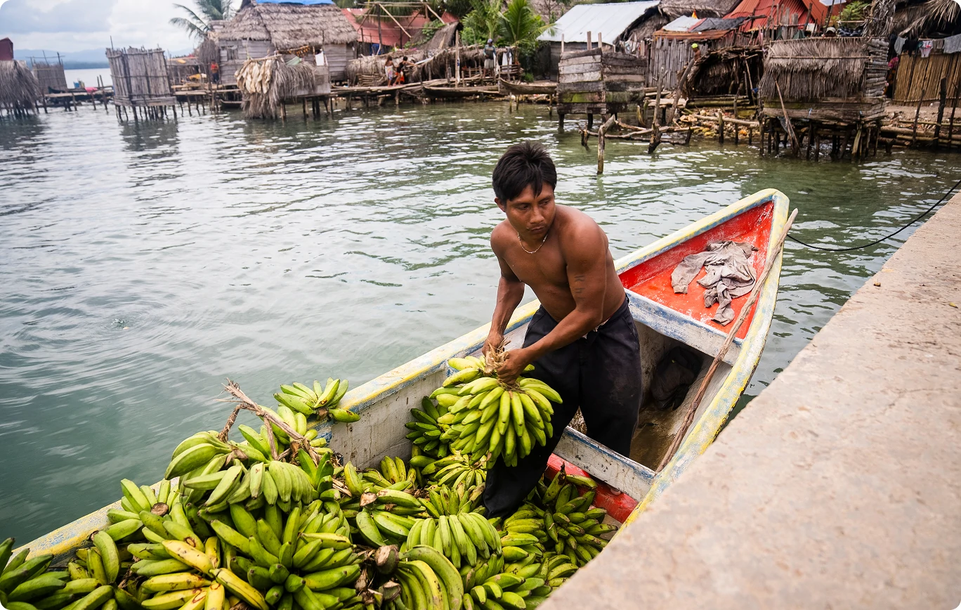 Man unloading green plantains from a wooden boat beside stilt houses over water