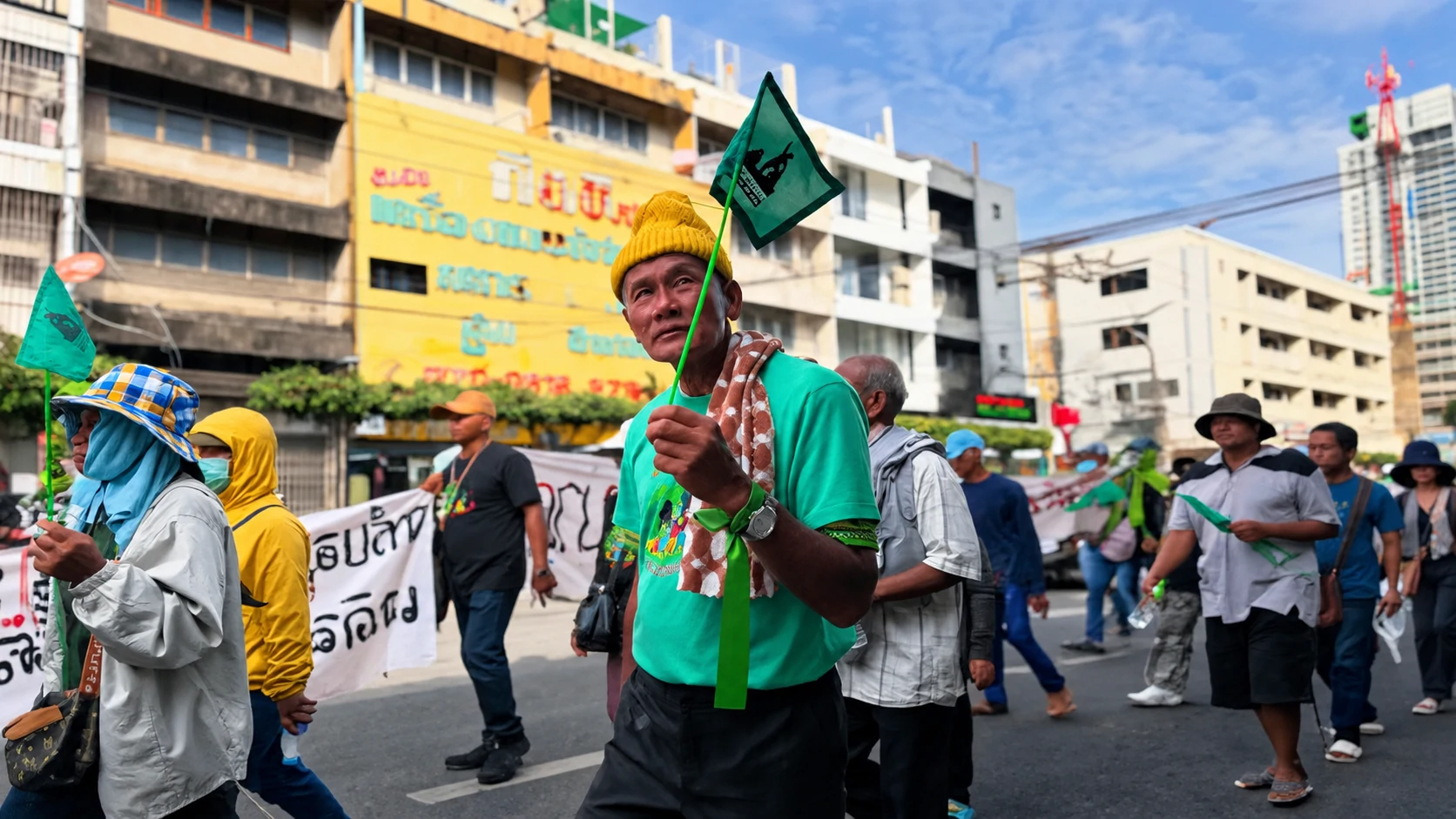 Man in a yellow beanie holding a green flag during a street march in Thailand